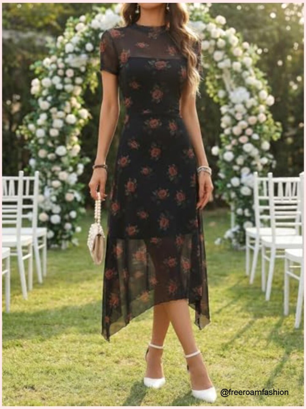 Floral Print Vintage Mesh Spliced Midi Dress with Irregular Hemline - Picture 4 of 7